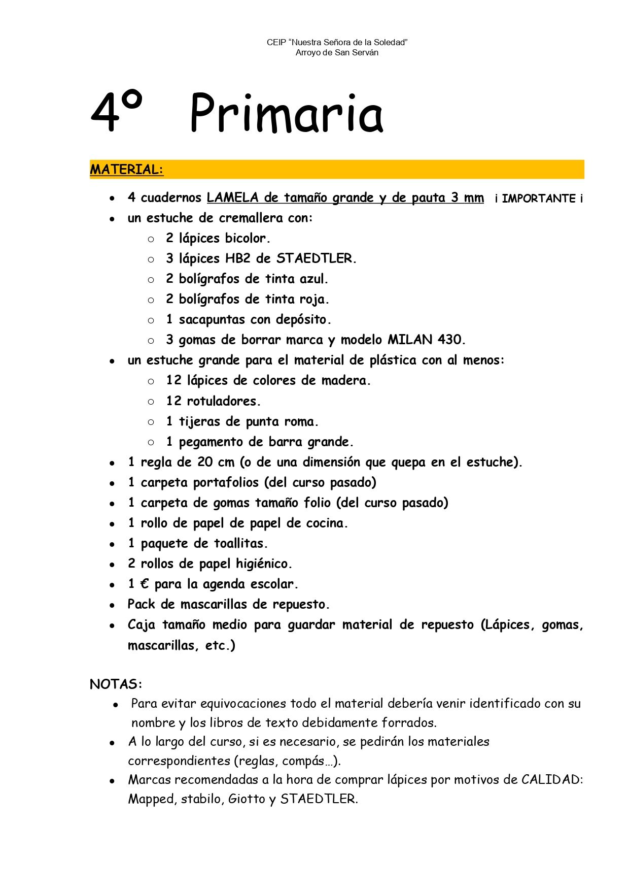 lista material 4º