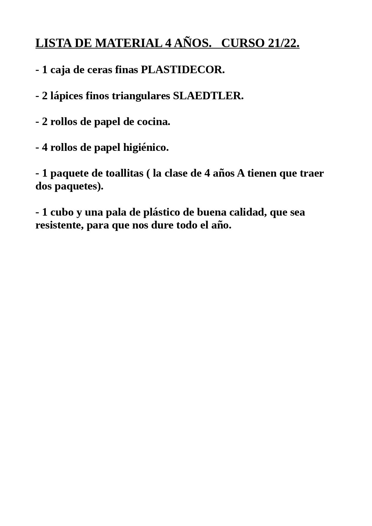 lista de material 4 años