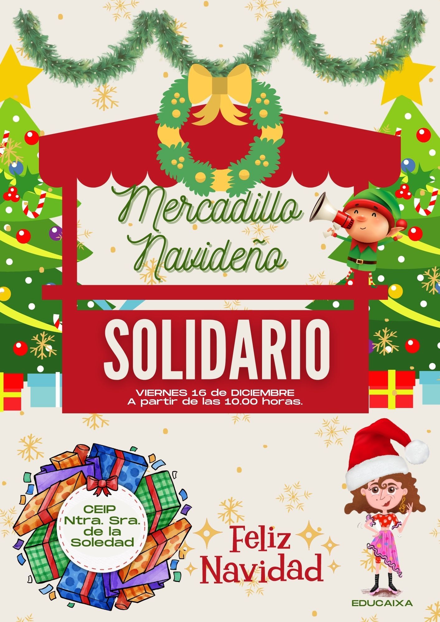 Flyer Mercado Navideño Anuncio Evento Patrón Festivo Moderno Verde Rojo Blanco