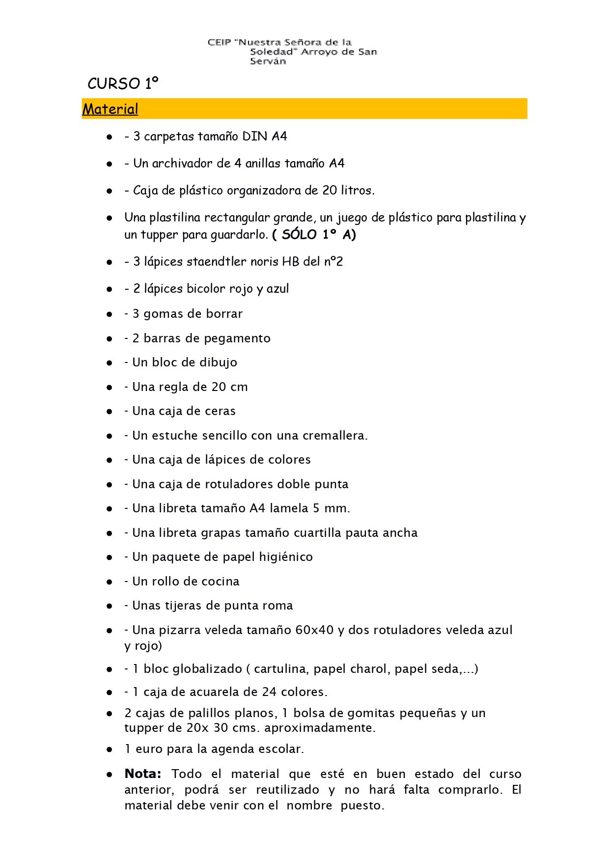 lista material 1º