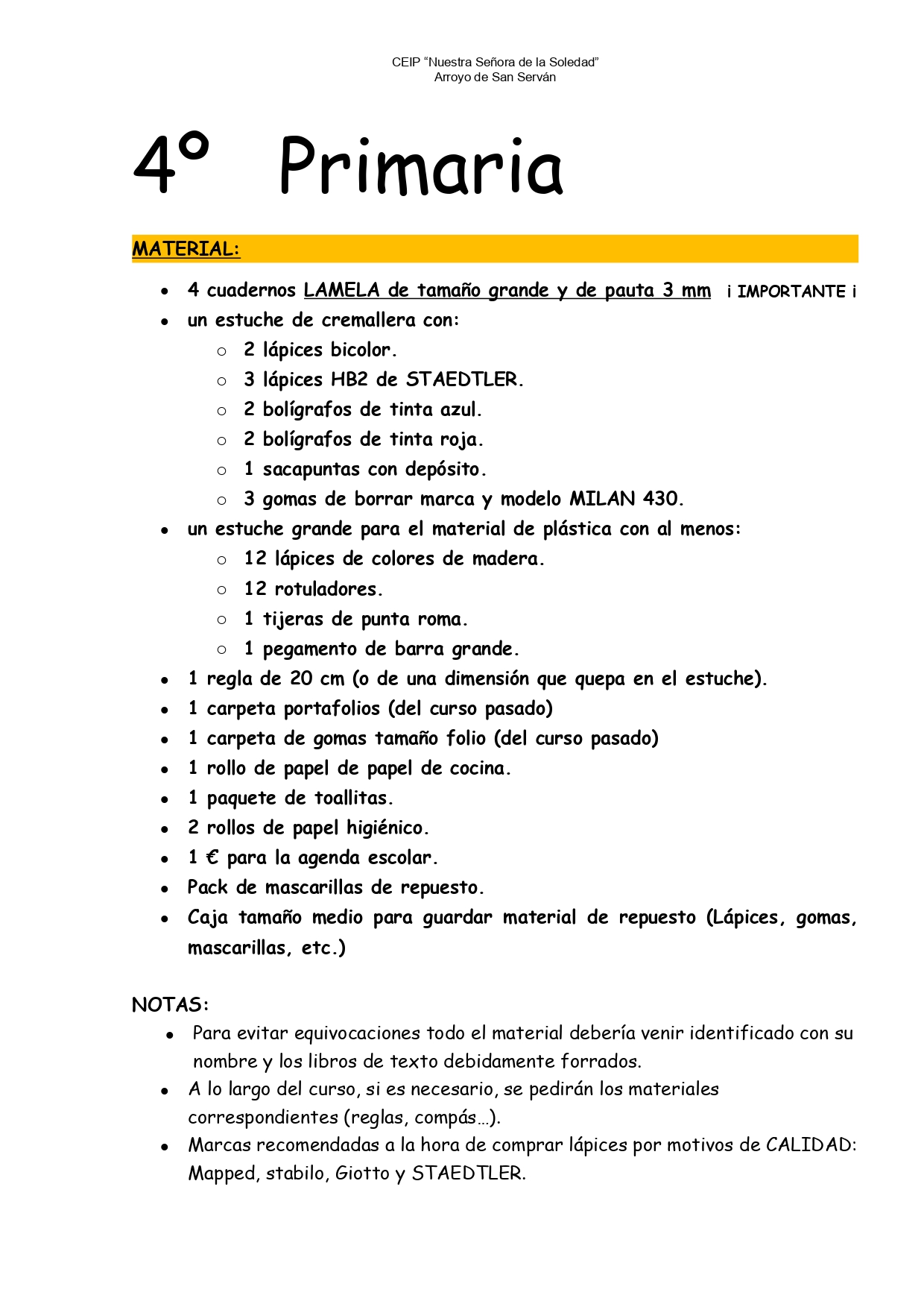 lista material 4º
